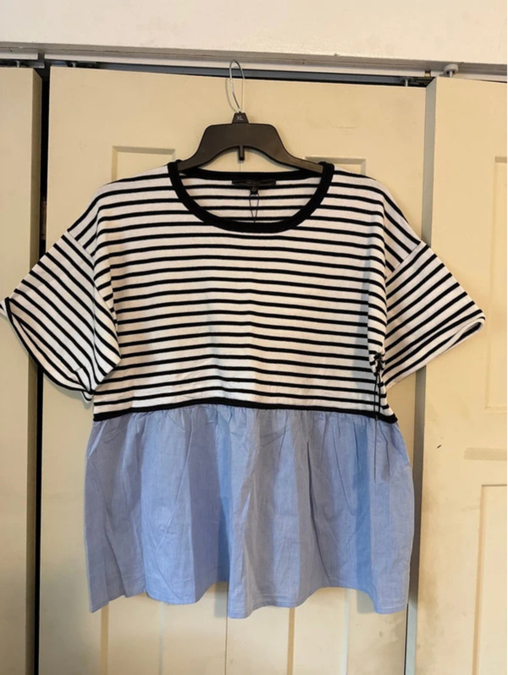 Maxsport cotton black white striped knit and contrast peplum top blouse sz large